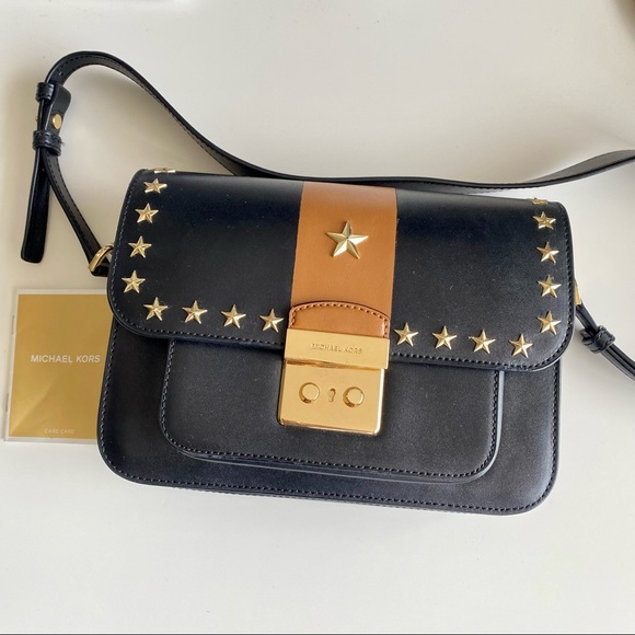 Michael Kors Sloan Editor Star Studded Leather Shoulder Bag Black/Brown - Picture 1 of 6